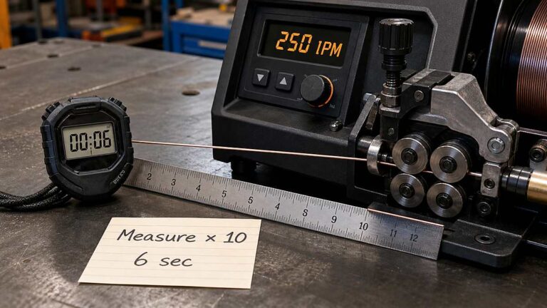 Wire feed speed calculator showing MIG feeder at 250 IPM with six-second stopwatch and ruler measurement