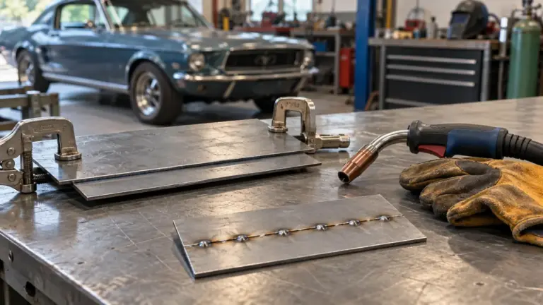 MIG torch, clamped sheet-metal practice joint and gloves on a bench in an automotive workshop