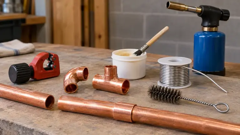 Copper tube and fittings with a tubing cutter, solder, flux brush and unlit torch on a training bench