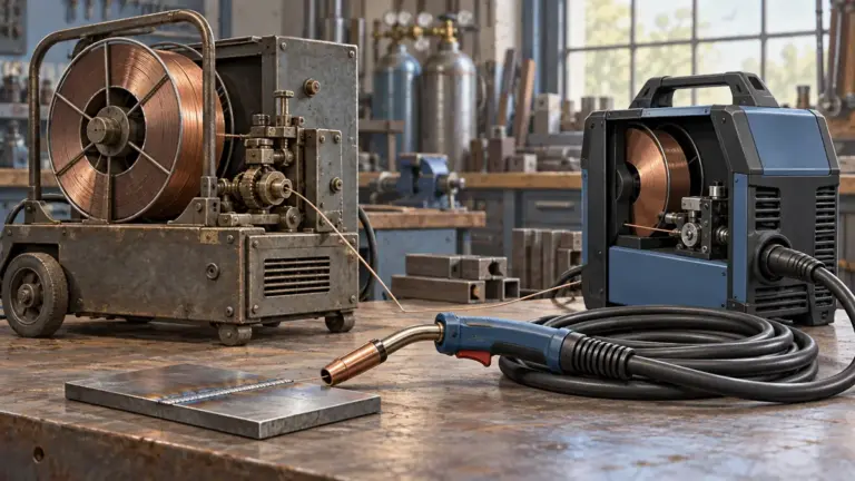 Illustrated wire-feed welding equipment with a spool, torch and metal samples in a workshop