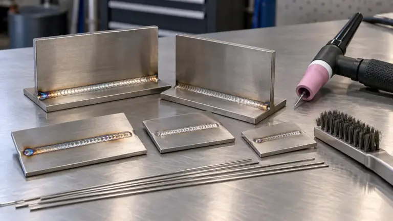 Stainless-steel practice coupons, TIG torch and filler rods arranged on a clean training bench