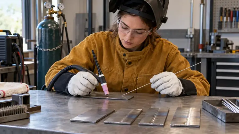 Beginner rehearsing TIG torch and filler-rod positioning at a training bench with practice coupons