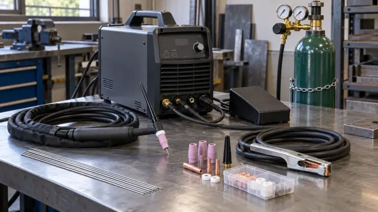 TIG welder, torch, foot pedal, work clamp and consumables arranged on a workshop bench