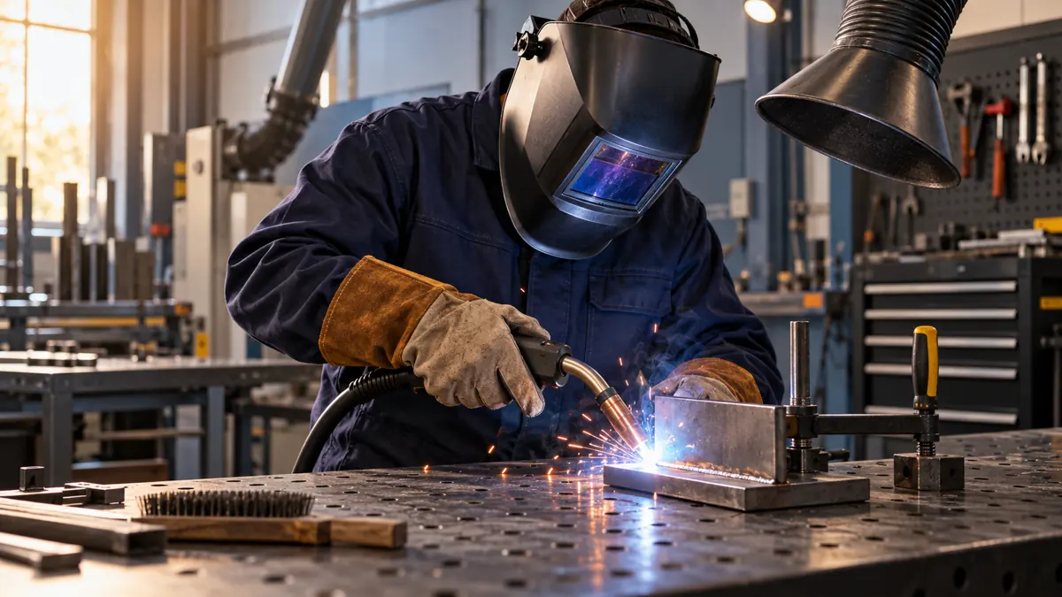 Welder in a lowered helmet and protective clothing practicing a MIG fillet weld on clamped steel