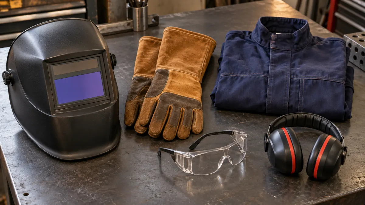 Welding helmet, leather gloves, protective jacket, safety glasses and earmuffs on a workshop bench