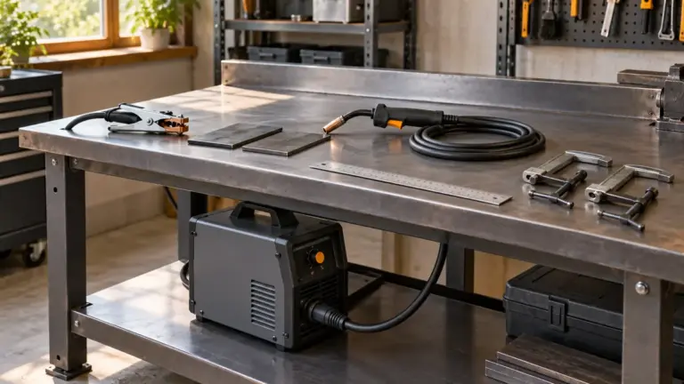 Compact welding machine beneath a steel bench with an idle torch, clamps and clean practice plates
